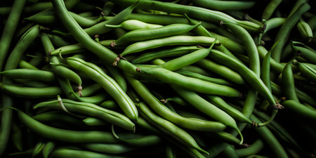 Green beans background. Close up of fresh green beans in the marketの写真素材