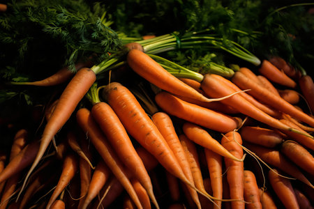 Bunch of fresh carrots with green leaves on the market stall backgroundの写真素材
