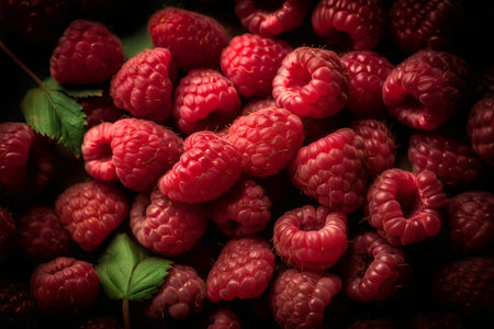 Raspberries background. Ripe raspberries on a dark background. Selective focus. Toned.の写真素材