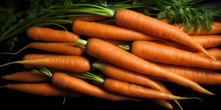 Bunch of fresh carrots with green leaves on black background, close upの写真素材