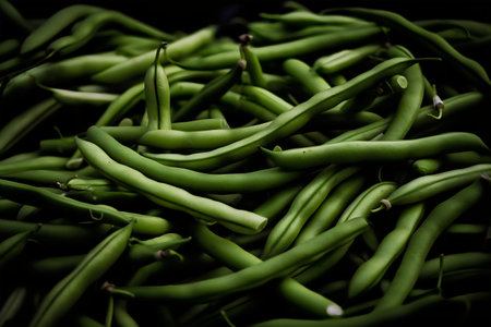 Green beans on black background. Close-up. Selective focus.の写真素材