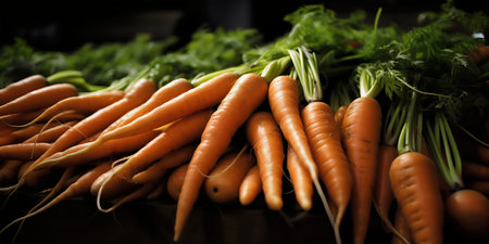 Bunch of fresh carrots on a counter in a supermarket. Selective focus.の写真素材