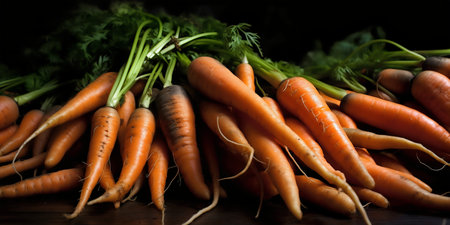 Bunch of fresh carrots with green tops on a black background.の写真素材
