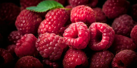 Close up of fresh raspberries with leaves. Selective focus. Toned.の写真素材