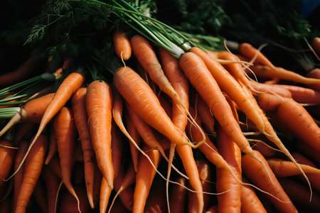 Bunch of fresh carrots at farmers market. Selective focus.の写真素材