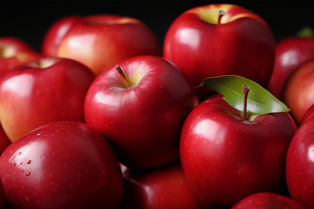 Fresh red apples with leaves on black background, closeup. healthy foodの写真素材