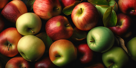 Variety of fresh red and green apples background. Top view.の写真素材