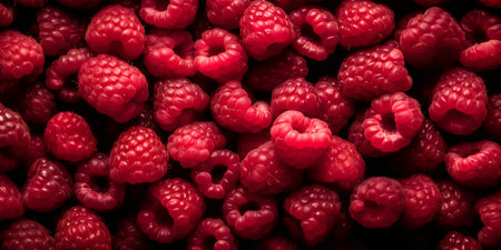Background of fresh ripe raspberries close-up. Top view.の写真素材