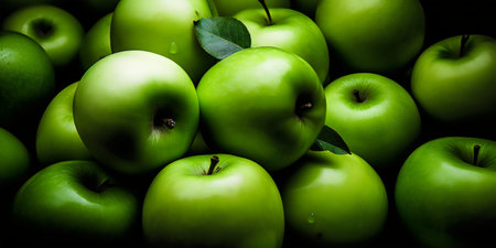 Green apples with leaves on a dark background. Selective focus. Toned.の写真素材