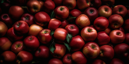 Red apples background. Top view of red apples with green leaves.の写真素材