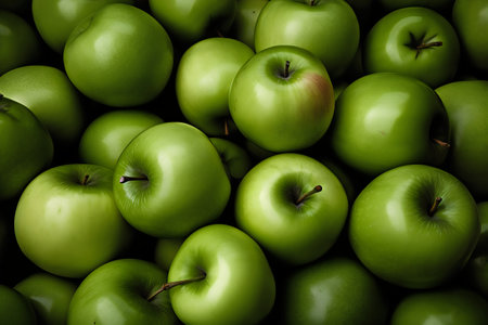 Green apple background. Close up of fresh green apples. Top view.の写真素材