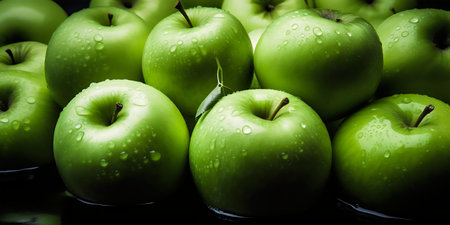 Green apples with water droplets on a black background. Close up.の写真素材