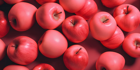 Red apples on a red background. Top view. Flat lay.の写真素材
