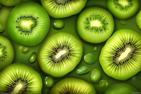 Kiwi fruit slices with water drops on a green background.の写真素材
