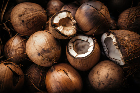 Coconuts in the shell. Close up. Selective focus. Toned.の写真素材
