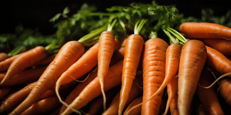 Bunch of fresh carrots with green leaves on dark background, closeupの写真素材