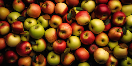 Background of red and green apples with leaves. Selective focus. Toned.の写真素材