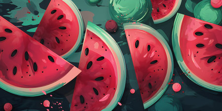 Watermelon background. Vector illustration of watermelon slices in watercolor style.の写真素材