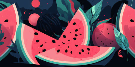 Summer background with juicy watermelon. Vector illustration in cartoon style.の写真素材