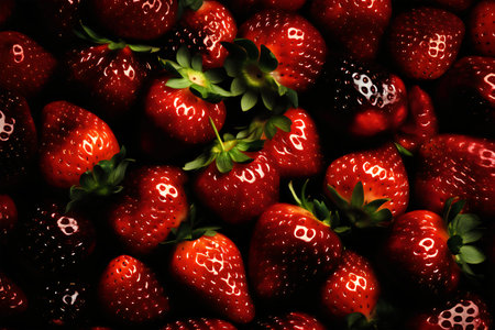 Strawberry background. Strawberries on a black background. Top view.の写真素材
