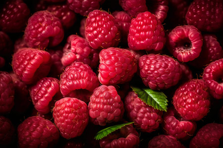 Raspberry background. Ripe raspberries with green leaves.の写真素材