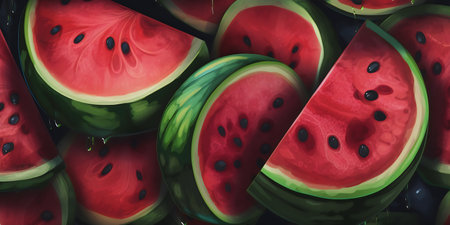 Slices of fresh watermelon on a black background. Close up.の写真素材