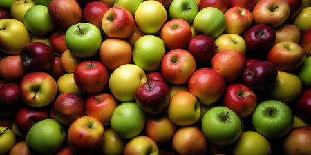 Background of red, green and yellow apples. Top view. Selective focus.の写真素材