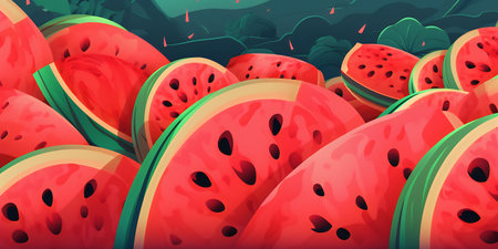 Illustration of fresh juicy watermelon slices on a dark background.の写真素材