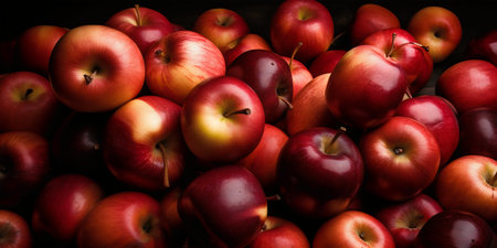 Red apples on a dark background, top view, close-upの写真素材