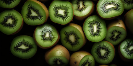 Kiwi fruit and kiwi slices on a black backgroundの写真素材