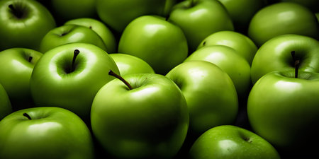 Green apples on the market. Shallow depth of field. Toned.の写真素材