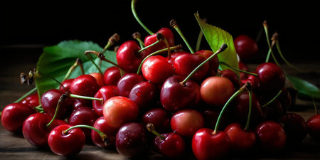 Cherries on a wooden table. Dark background. Selective focus.の写真素材