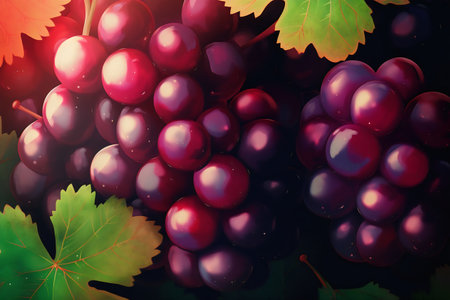 Bunch of grapes with leaves on dark background. 3d illustrationの写真素材