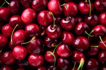 Cherries background. Top view of fresh red cherries.の写真素材