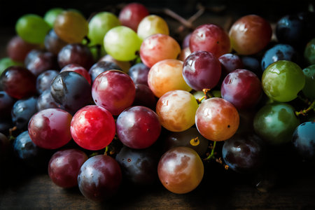 Ripe red and green grapes on dark wooden background. Toned.の写真素材