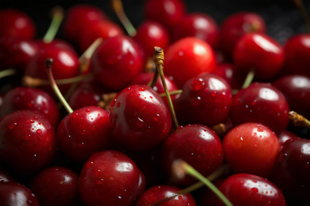 Fresh cherries with water drops on black background. Close-up.の写真素材