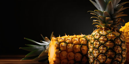 Pineapples on wooden table, closeup. Space for textの写真素材