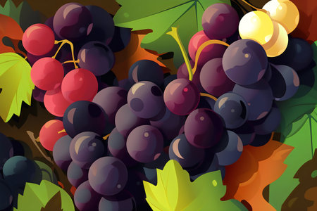 Bunch of red and black grapes with leaves. Vector illustration.の写真素材