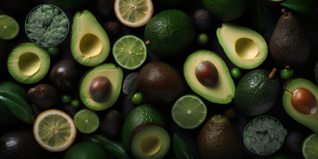 Avocado and lime background. Healthy food concept. Top view.の写真素材