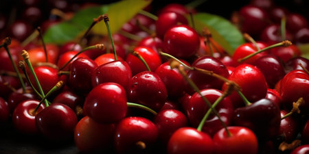 Closeup of fresh red cherries with water drops on it.の写真素材