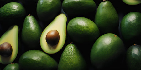 Avocado fruit background. Top view of fresh green avocados.の写真素材
