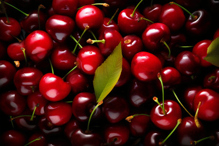 Cherries on a black background. Top view. Flat lay.の写真素材