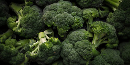 Fresh green broccoli background. Top view. Healthy food concept. Selective focus.の写真素材