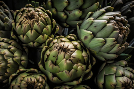 Artichokes on display at a farmers market in Seattle, Washington.の写真素材