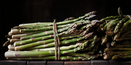 Bunch of fresh green asparagus on dark wooden background.の写真素材