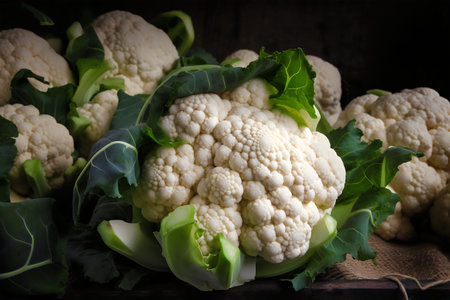 Fresh cauliflower on rustic wooden background. Vegetarian food.の写真素材