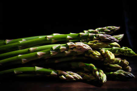 Bunch of fresh green asparagus on black background. Selective focus.の写真素材