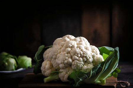 Cauliflower on wooden table. Rustic-style. Dark background.の写真素材