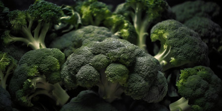 Closeup of fresh green broccoli on dark background. Selective focus.の写真素材