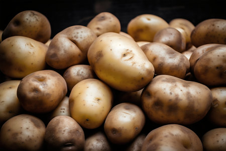 Potatoes on a black wooden background. Selective focus. Toned.の写真素材